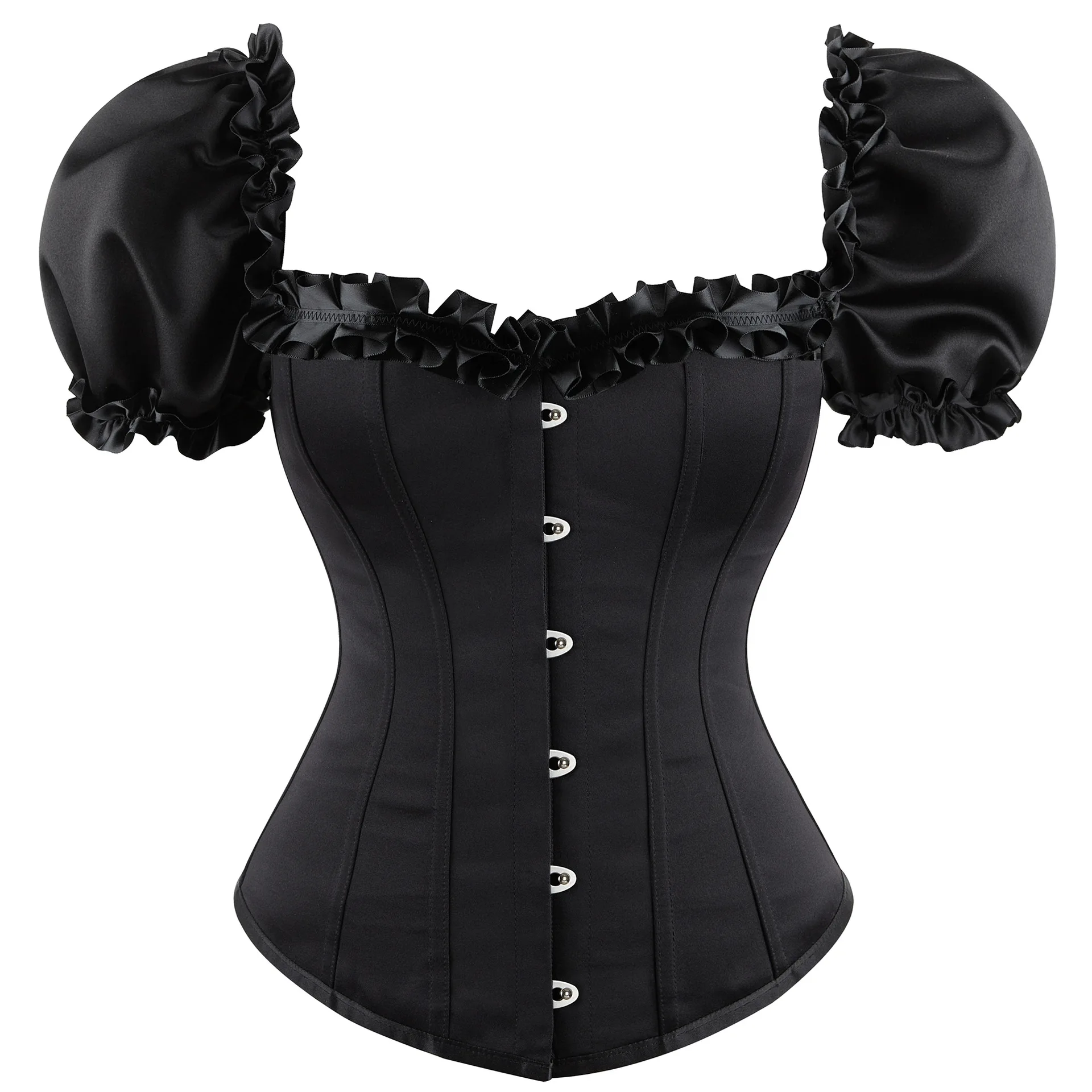 Black Gothic Corset Blouse Short Puff Sleeve Overbust Corsets and Bustiers Waist Trainer Slimming Modeling Strap Shapewear Women