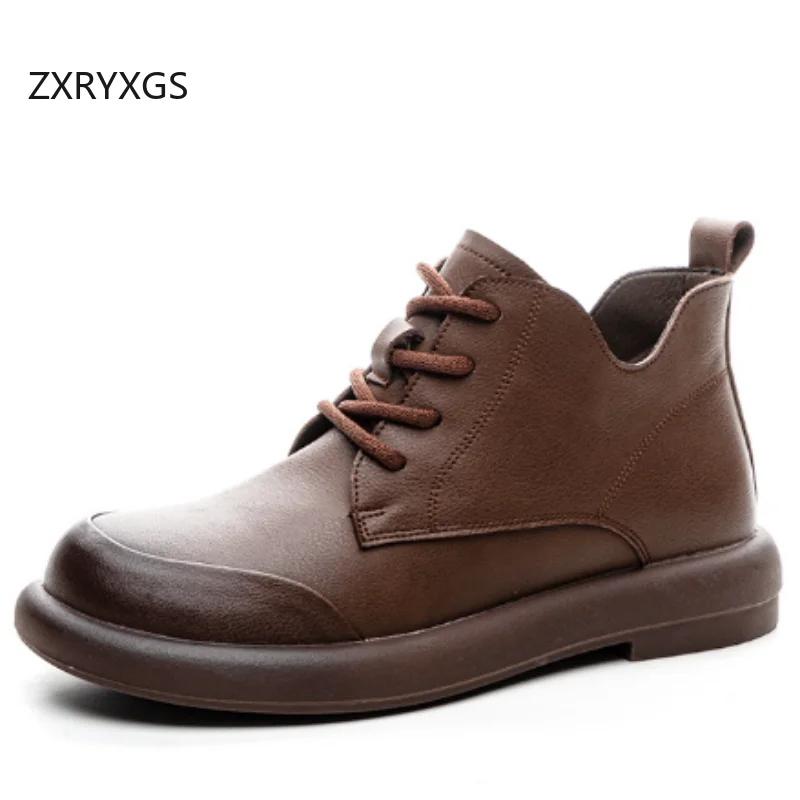 

ZXRYXGS British Retro Lace-up Women Genuine Leather Shoes 2025 Large Size Autumn Winter Boots Flat Soft Sole Women Short Boots