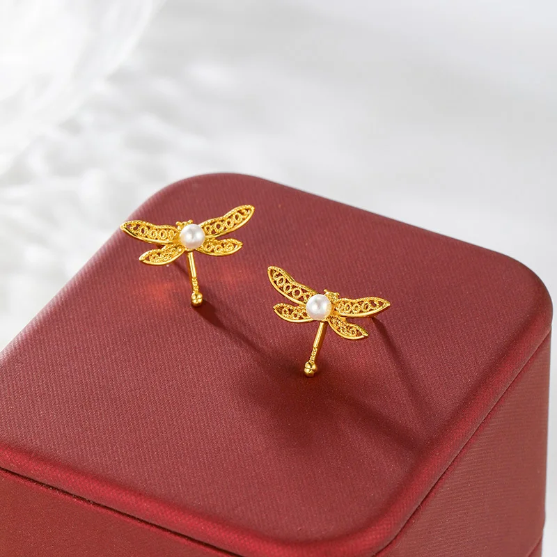 

Luxury 24K 9999 Pure Gold real gold Women's Dragonfly Earrings with Pearl