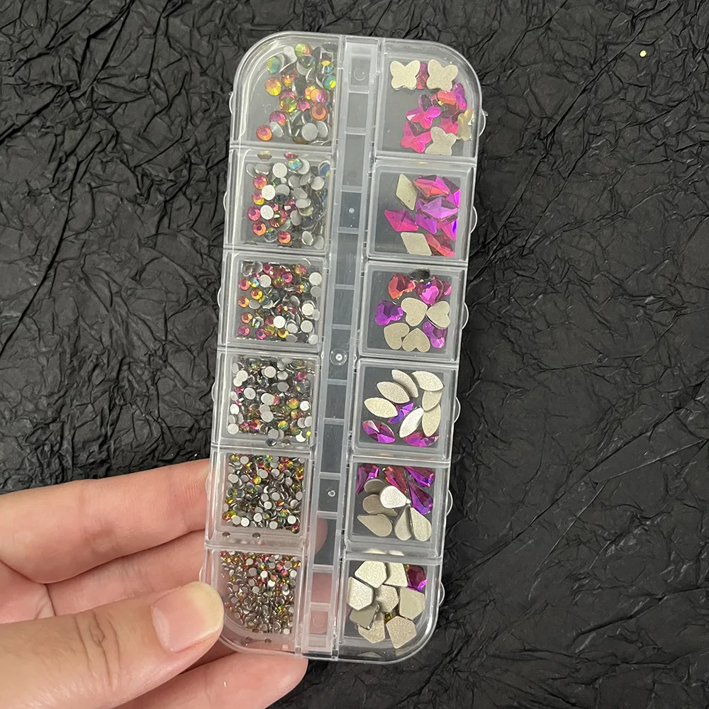 12 Gird BoxED หลายขนาดคริสตัลเพชร 3D Flat-back AB/สีสัน nON-Hotfix Glitter Rhinestone (120 ชิ้น + 720 ชิ้น) เล็บอัญมณี