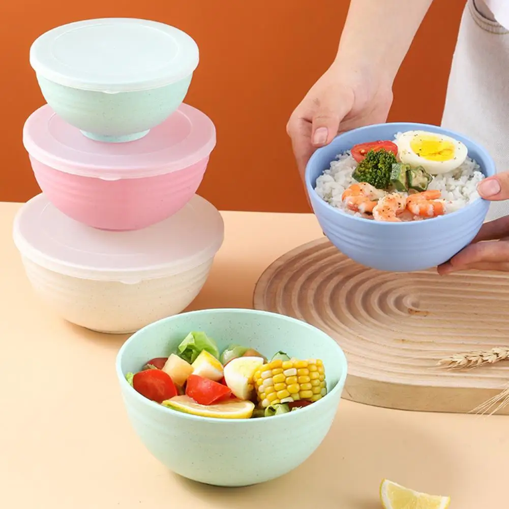 3Pcs/Set Plastic Bowls With Lid Dinner Bowl For Noodles Rice Fruit Soup Microwave Safe Containers Silicone Sealed Dinnerware Set