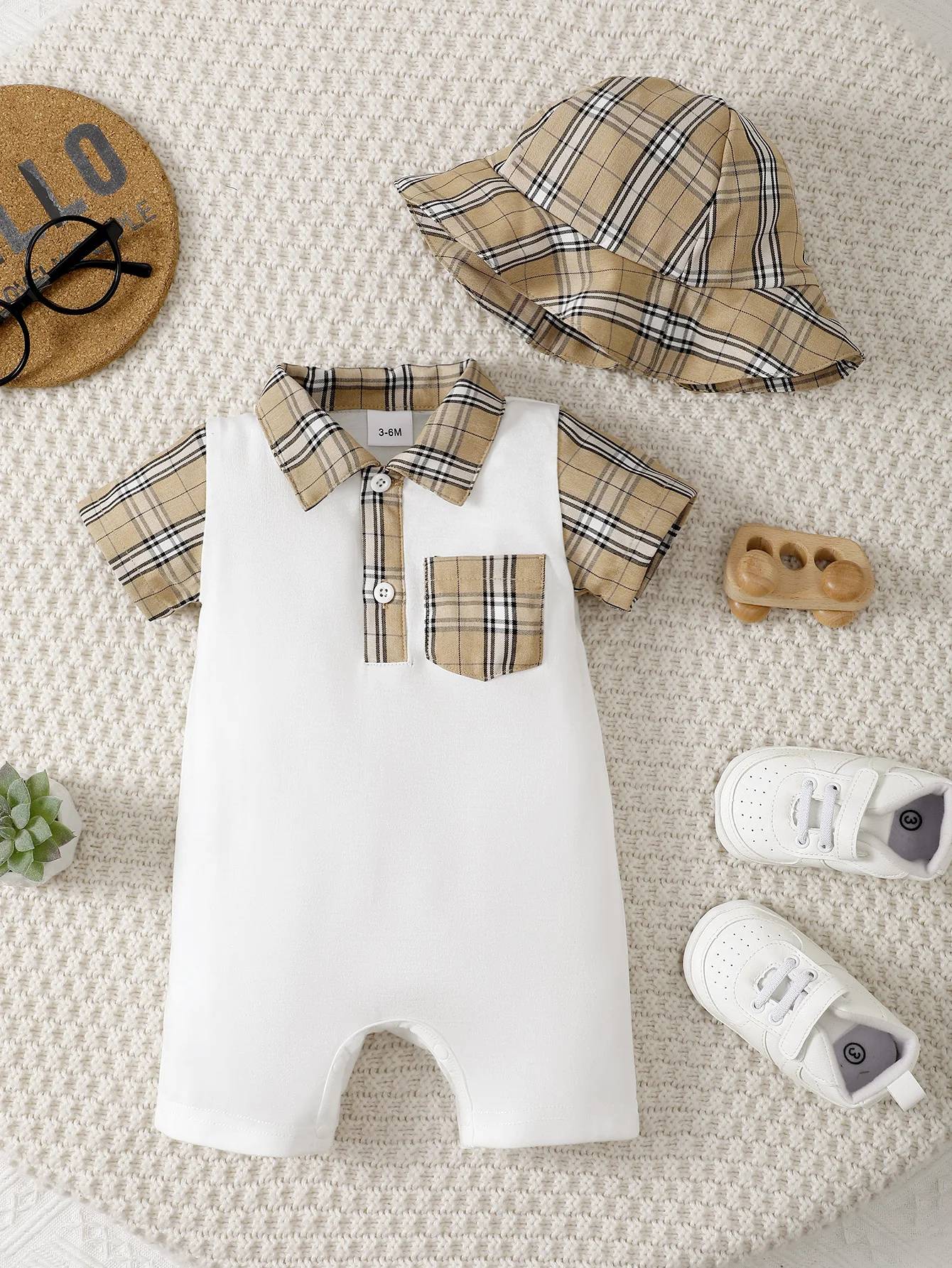 

Summer 0-1 Years Old Infant Baby Boys Checkered Lapel Patchwork Jumpsuit