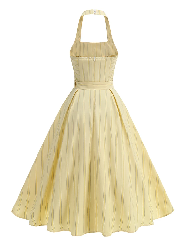 Abiti estivi eleganti da sera con vestibilità senza schienale e svasatura, bottoni con scollo all'americana, abiti vintage anni '50 a righe per le donne