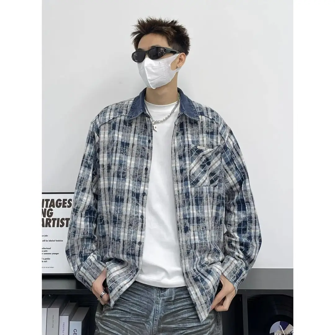 

Ретро-рубашка в американском стиле с вельветовым воротником и лоскутным узором, с длинными рукавами, мужская повседневная универсальная рубашка для весны и осени, для отдыха и повседневной носки