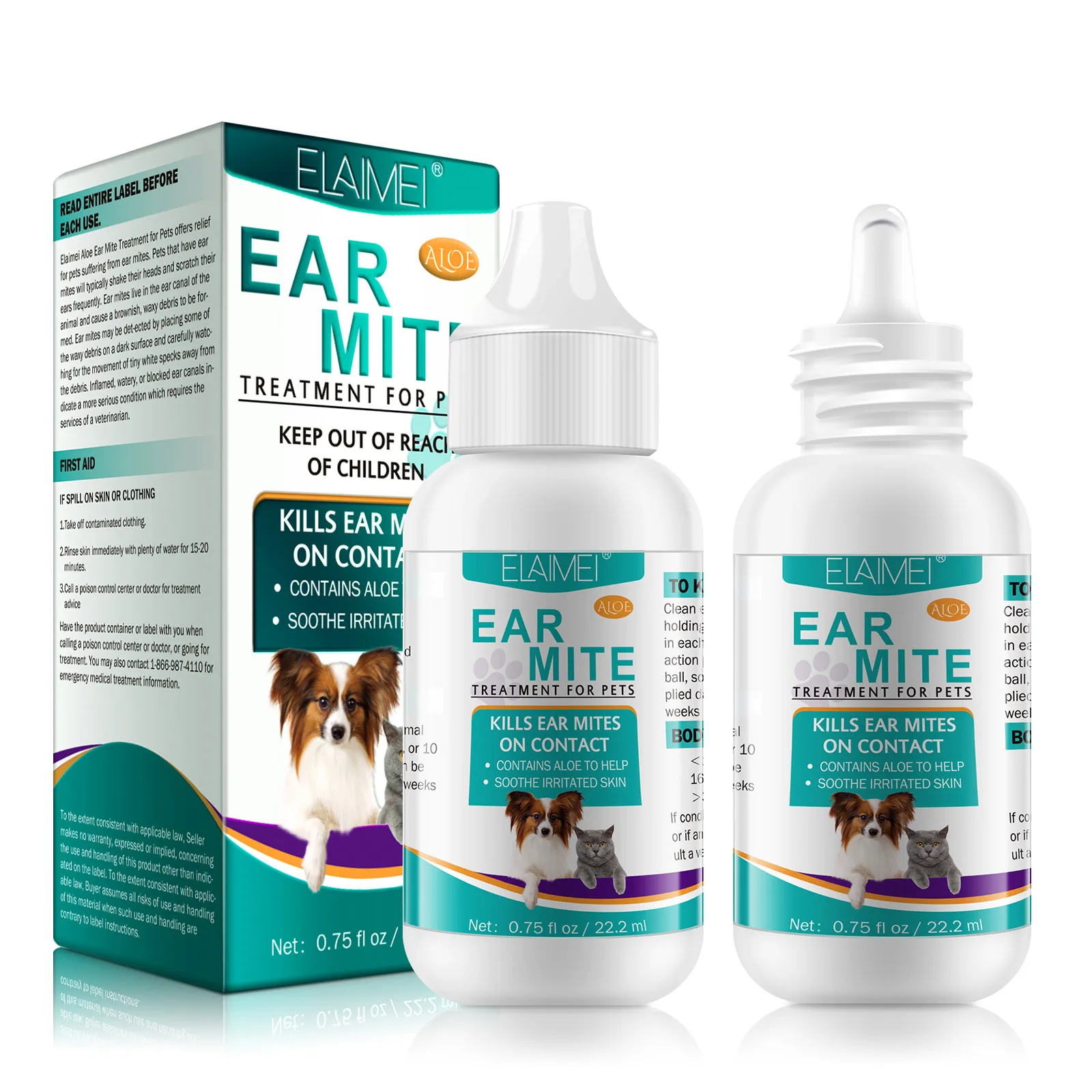 Aloe Ear Mite Treatment for Pets Medicine Kills Ticks Relieve Itchiness Soothes Ears with Aloe 2 Bottles Pack for Dogs and Cats