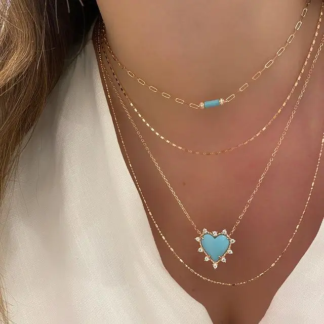 Fashion Heart Shaped Necklace For Women Big Single Turquoises Stone Simple Classic Jewelry