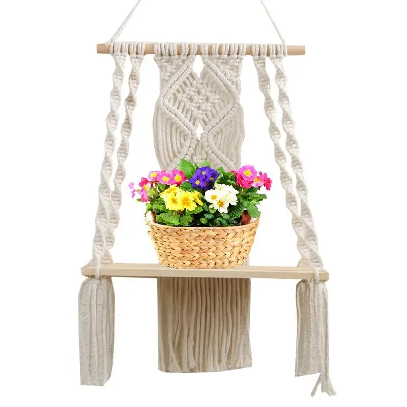 Macrame Wall Hanging Shelf Handmade Cotton Rope Rack Plant Holder Wall Decoration For Kids Rooms Living Room Tapestry , Frames