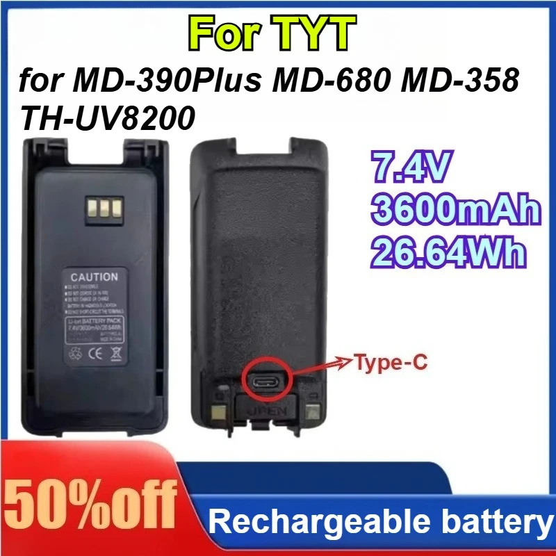 

7.4V 3600mAh 26.64Wh for TYT MD-390Plus MD-680 Li-ion Battery Type-C Charger for MD-358 TH-UV8200 Ham Type-C