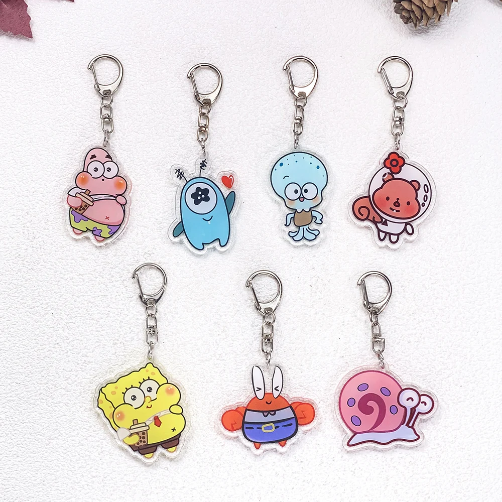 7Pcs Cartoon SpongeBob SquarePants Car Keychain Accessories Acrylic Cute Charms Pendant For Bag Key Holder Backpack Decoration