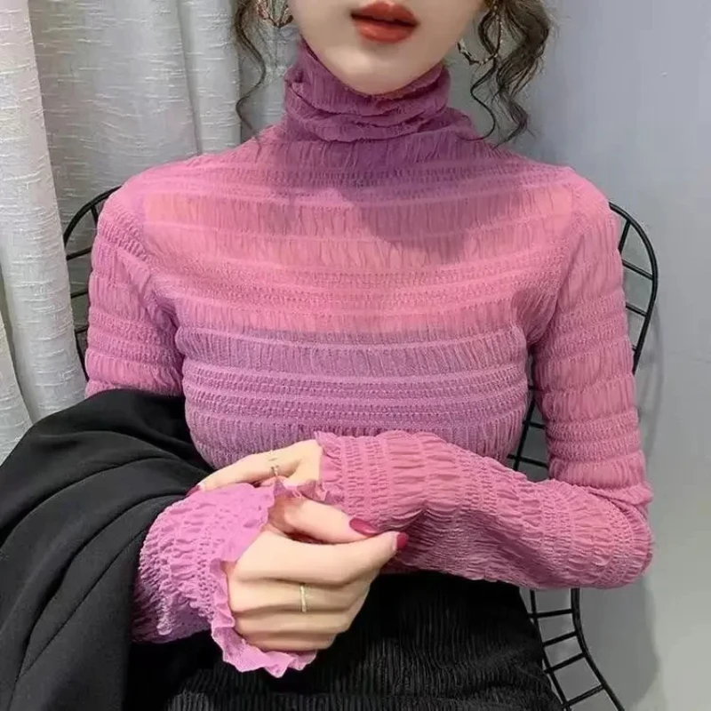 Women Transparent Mesh Shiny T Shirt Club Party Black White Blue Long Sleeve Tee Sexy Thin Female Bottoming Blouses Ladies Tops view 6