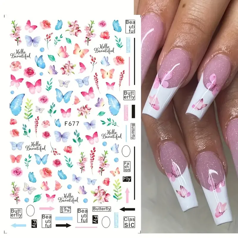 6pcs Spring Butterfly Design Nail Art Stickers, decalcomanie autoadesive per Nail Art con Design a fiori primaverili per la decorazione di Nail Art