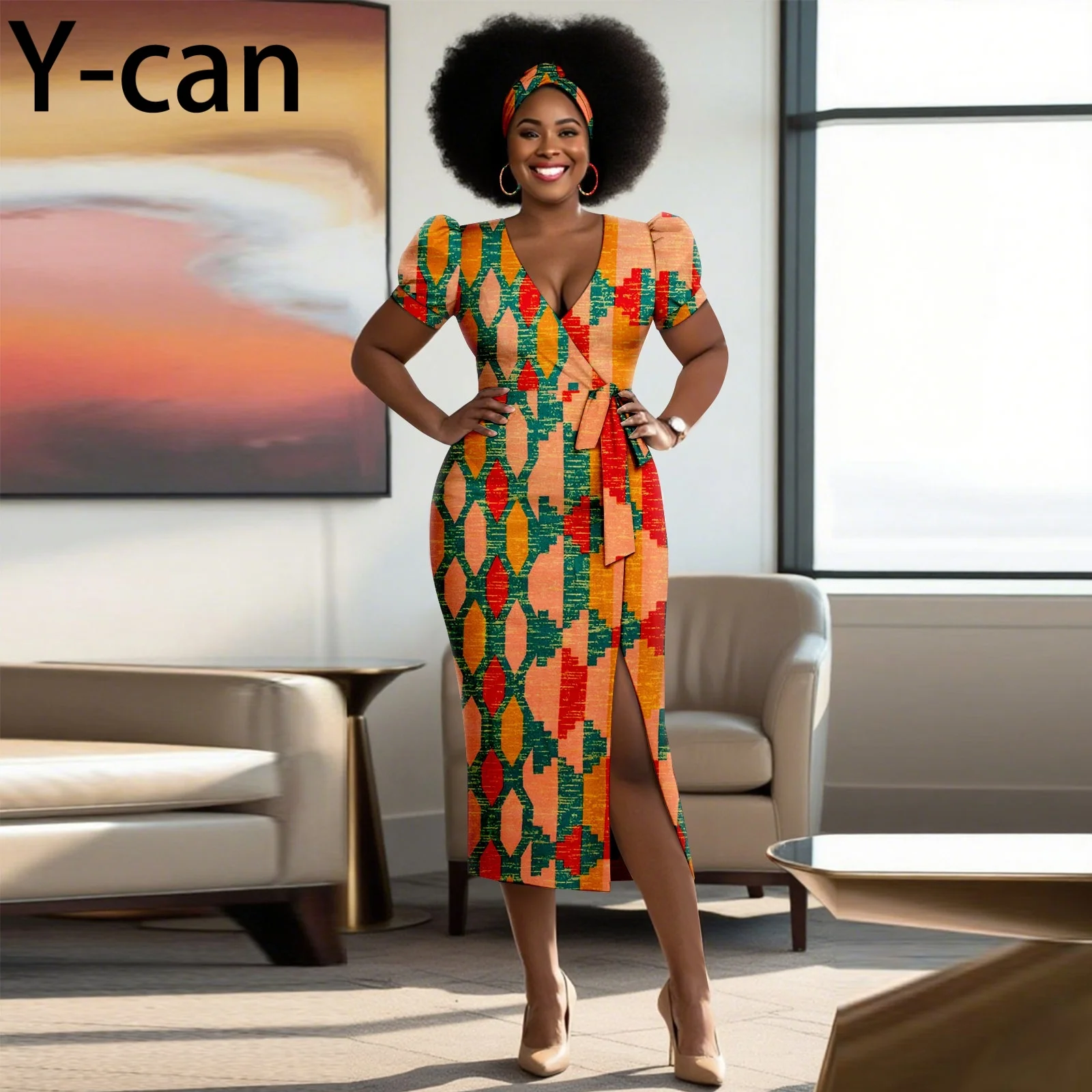 

Сексуальное женское вечернее платье в африканском стиле Дашики с v-образным вырезом и коротким рукавом, облегающее вечернее платье с повязкой на голову с принтом Анкары
