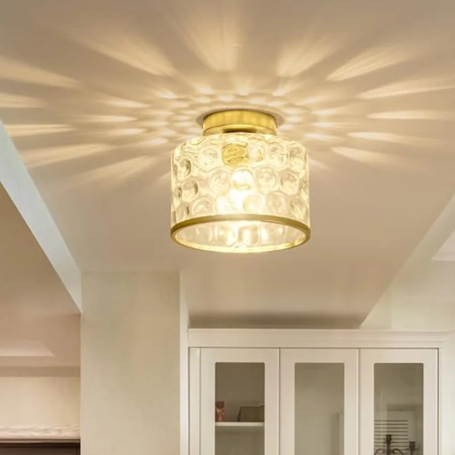 Flush Mount Ceiling Light with Clear Hammered Glass lampshade, Farmhouse Ceiling Lights Fixture in Satin Brass for Kitchen Bath view 4