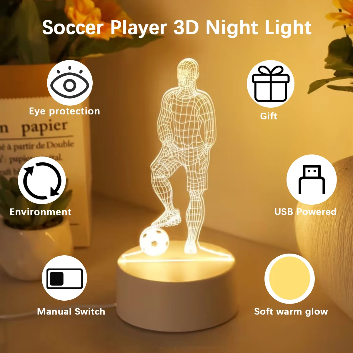 Soccer Player Shaped Acrylic 3D Night Light, USB Warm‑White LED Ambient Decor Lamp, Gift for Soccer Lovers, Room Decor Ornament