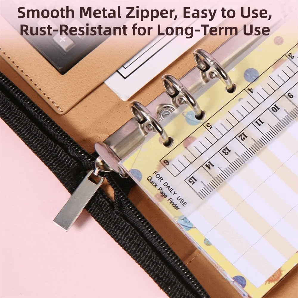 6-Ring File Folder A6 Card Holder Work Record Book with Calculator Zippered Closure Portfolio Binder Cover Office Supplies