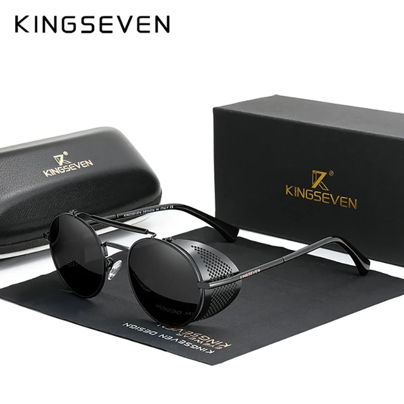 KINGSEVEN Retro Gothic Steampunk okulary przeciwsłoneczne spolaryzowane UV400 mężczyźni kobiety moda Vintage okulary okrągła ramka aluminiowe okulary do jazdy