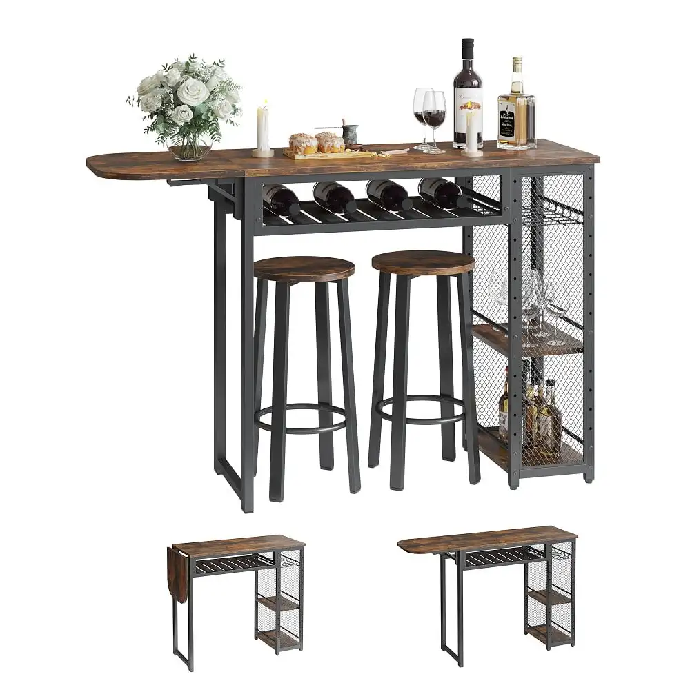 

3 Piece Bar Dining Pub Table and Chairs Set with Storage Shelves Counter Height Home Kitchen
