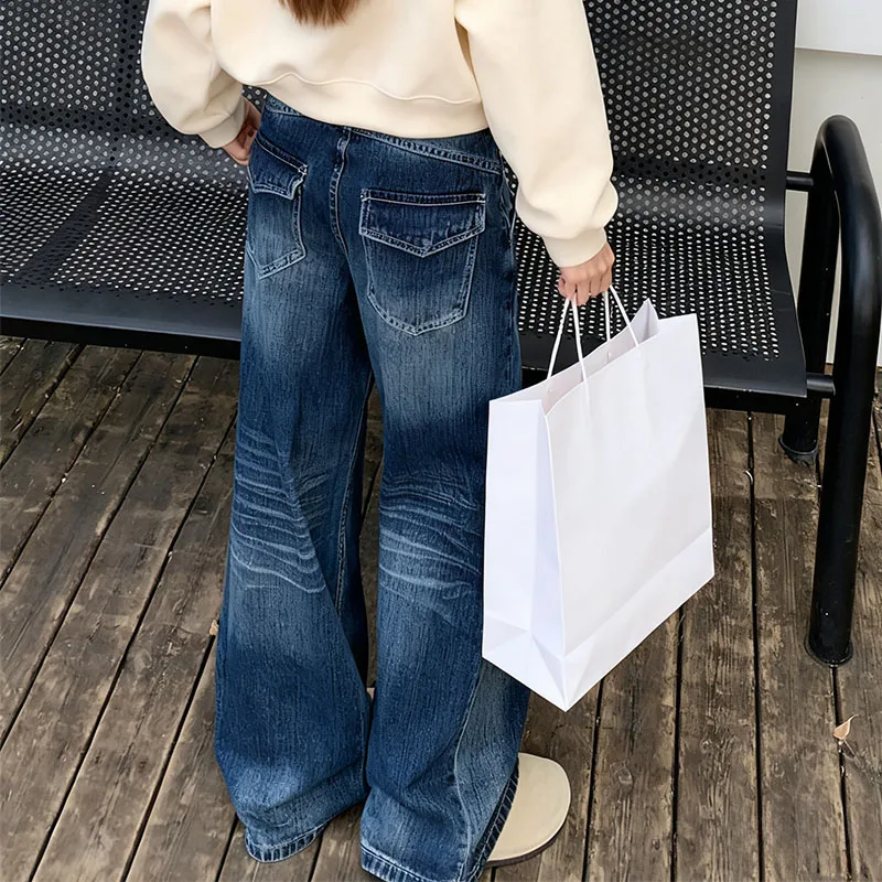 Otoño 2025 Y2K Dongdaemun Pantalones vaqueros lavados vintage para mujer Pantalones drapeados de pierna recta relajados hasta el suelo