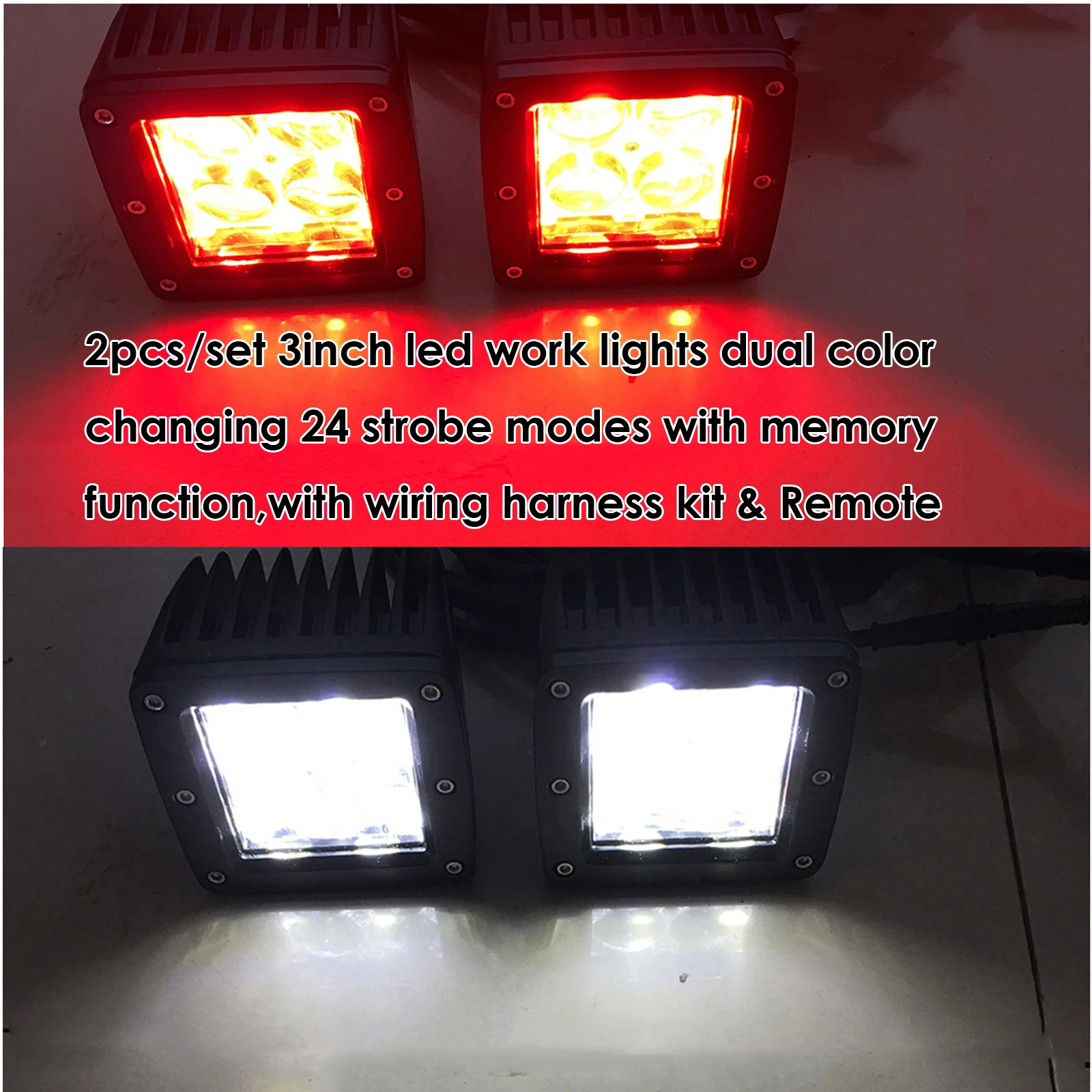2pcs 3inch 4D LED Cube Light Bar Dual Colors Change Strobeflash w/ Memory Modes Offroad Fog Driving Lamp 12V 24V & Wiring Kits