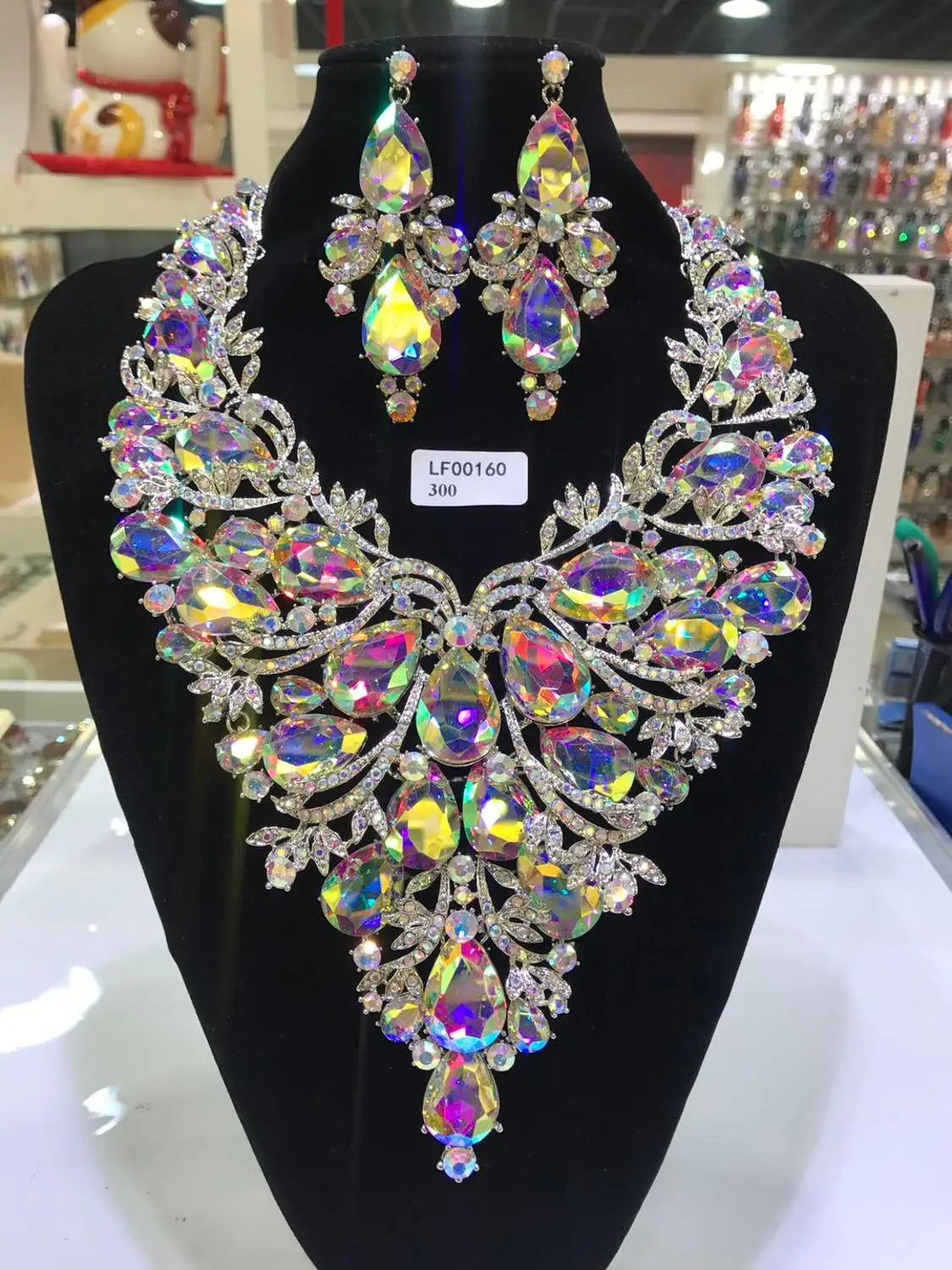 

Fashion Fine Jewelry Set Dubai Crystal Necklace & Earrings For Wedding Multicolor Luxury Rhinestone Gold Jewellery Set