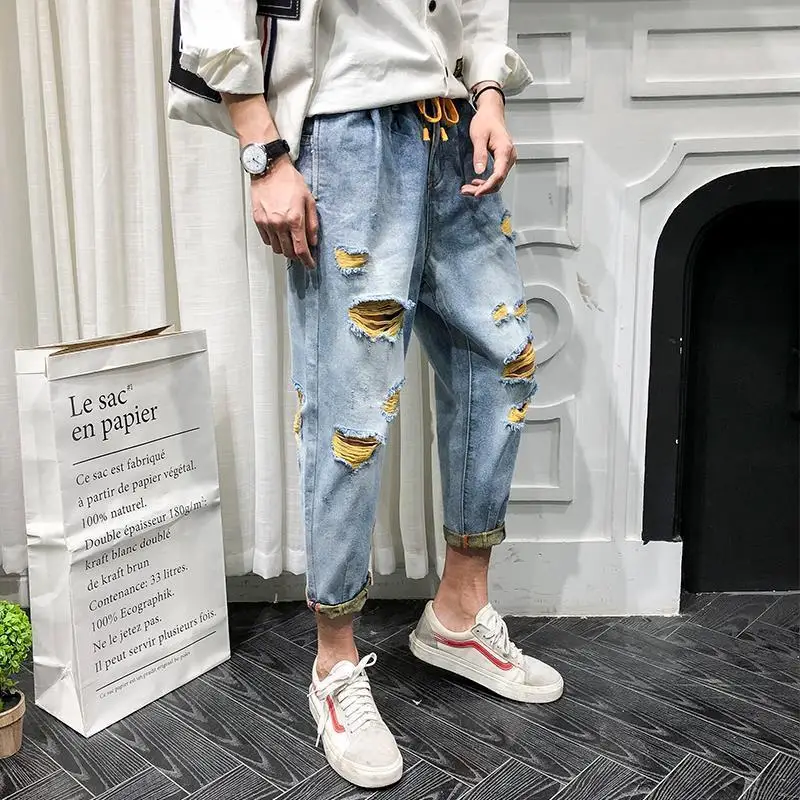 

With Holes Men's Jeans Trousers Ripped Broken Torn New in Goth Regular Trend 2025 90s Streetwear Cheap Male Cowboy Pants Cropped