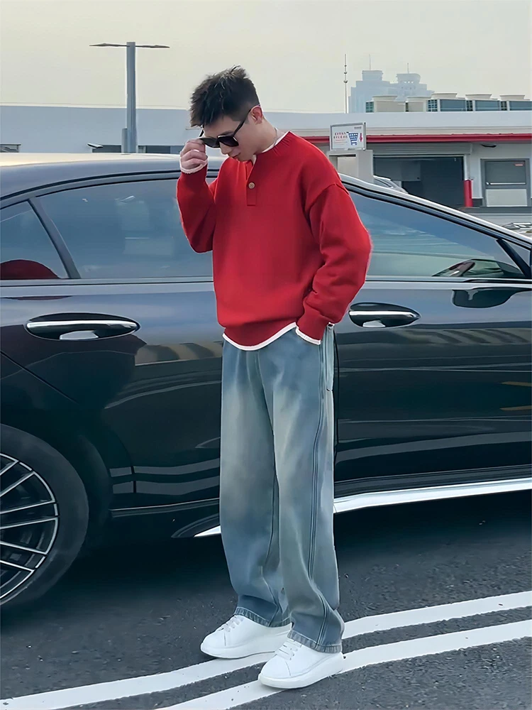 

Светло-голубые джинсы с широкими штанинами на флисовой подкладке, мужские осенне-зимние брюки с драпировкой и шнурком, американские свободные прямые брюки