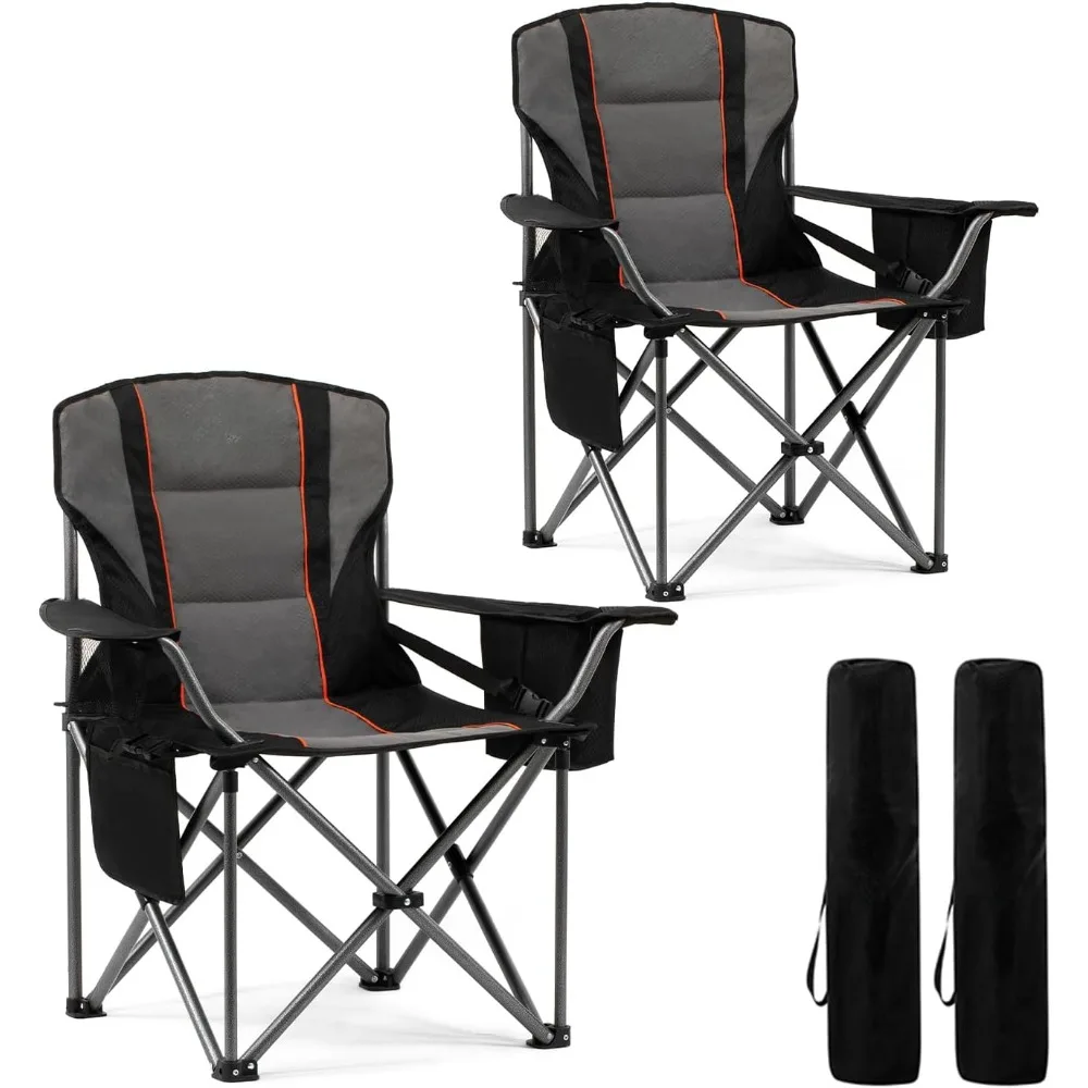 2 Pack Fully Padded Camping Chair with Lumbar Support, Heavy Duty Cooler Bag Fold Chair Support 450 LBS