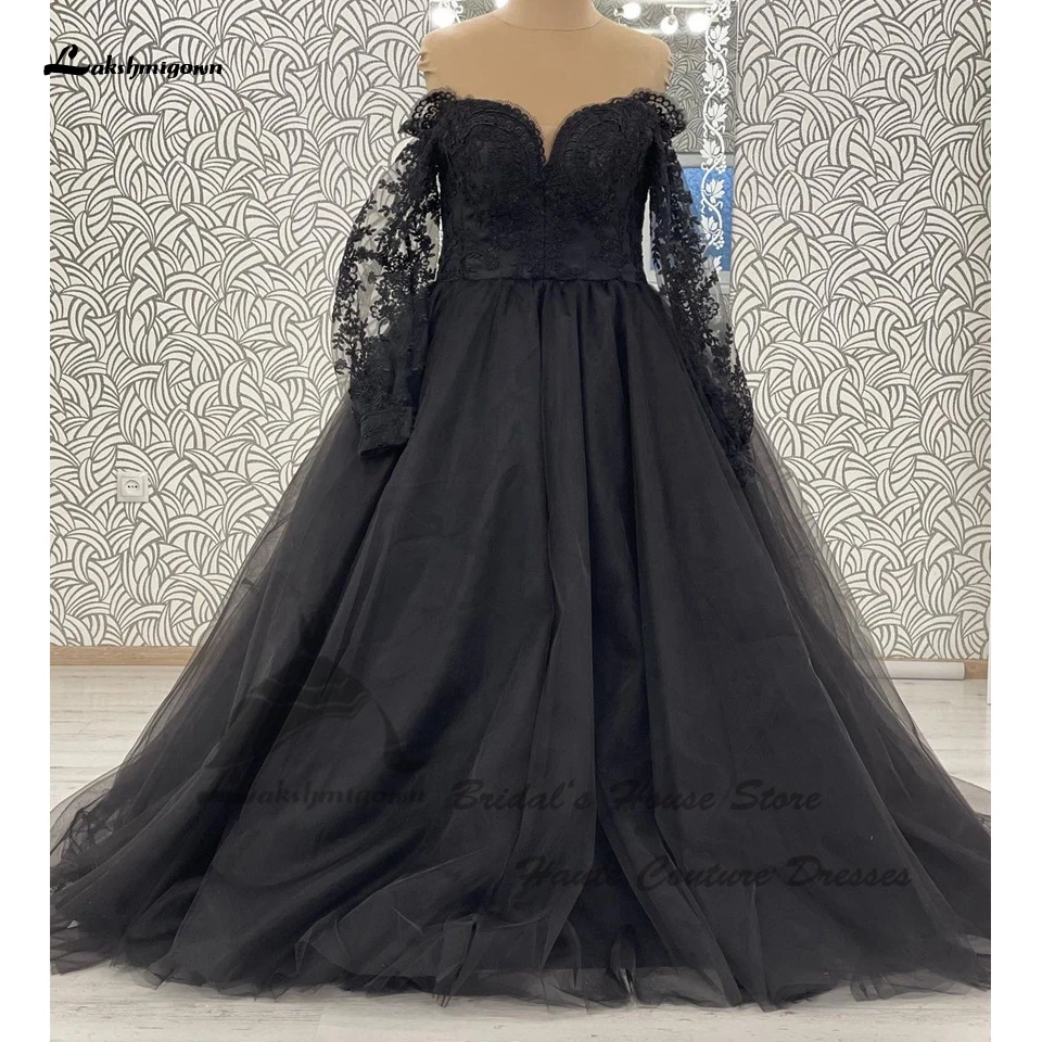 Lakshmigown Elegante schwarze Langarm-Hochzeitskleider mit Schnürung am Rücken 2024, Vestidos, Gothic-Strandbrautkleider, individuell gestaltet