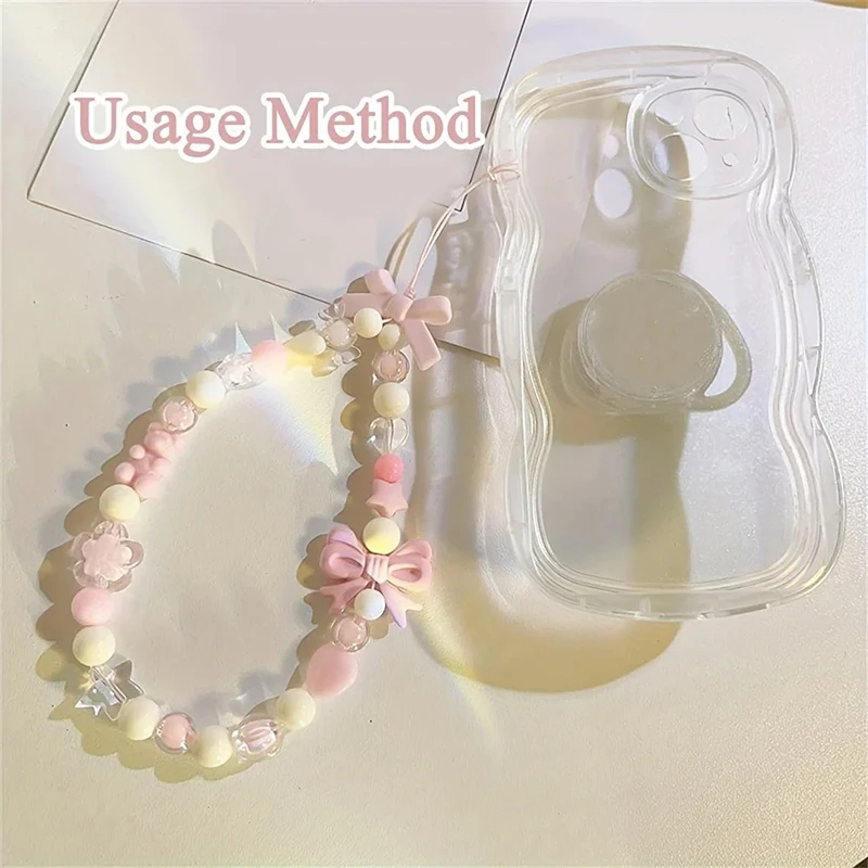 Korean Cute Charm Bear Love Heart Bowknot Phone Chains For iPhone Women Girls Jewelry Strap Beaded Lanyard Hanging Cord Bracelet