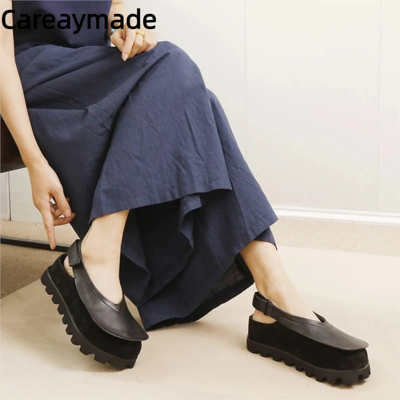 

Careaymade-Genuine Leather Spring Thick Soled Women's Shoes High End Genuine Leather Round Toe Soft Soled Flat Platform Shoes