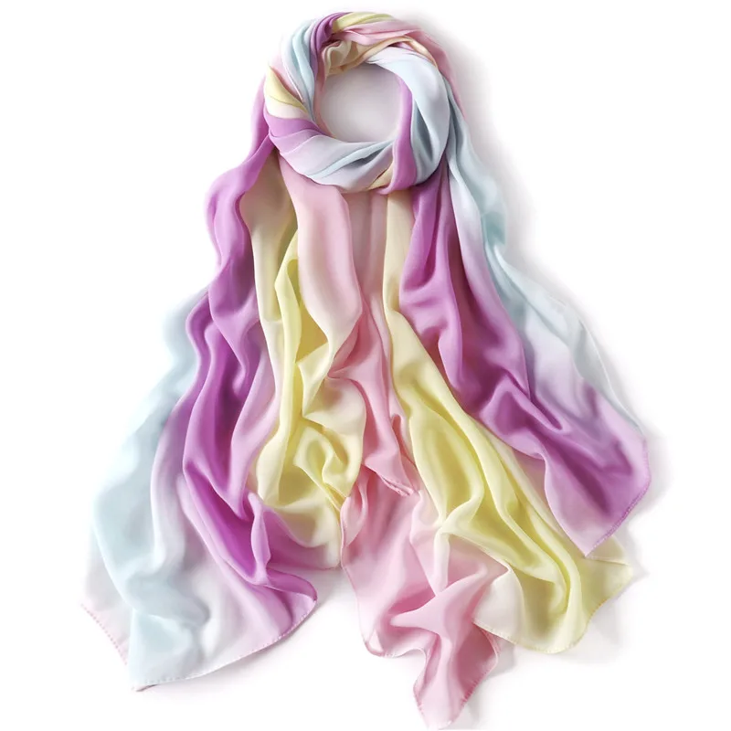 Malaysia Candy Color Printing Gradient Rainbow Color Striped Pearl Chiffon Scarf Scarf for Women Headcloth