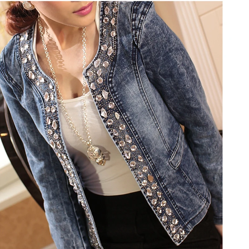 FMFSSOM New Spring Antumn Denim Jackets Vintage Diamonds Casual Coat Women's Denim Jacket Basis Tops Outerwear Jeans image 5