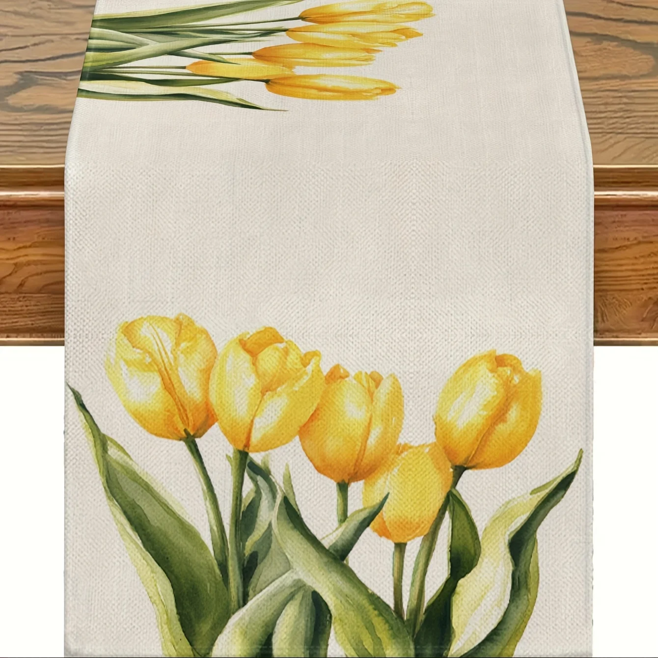 

1 шт. Весенне-летняя скатерть-дорожка с тюльпанами - 100% полиэстер, прямоугольный цветочный дизайн с яркими желтыми тюльпанами и зелеными листьями.