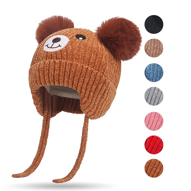 Cute Bear Pom Pom Baby Hat Winter Caps  Ear Protection Knitted Wool Warm Hat For Kids Boys Girls Beanie Children Bonnet 0-5Years