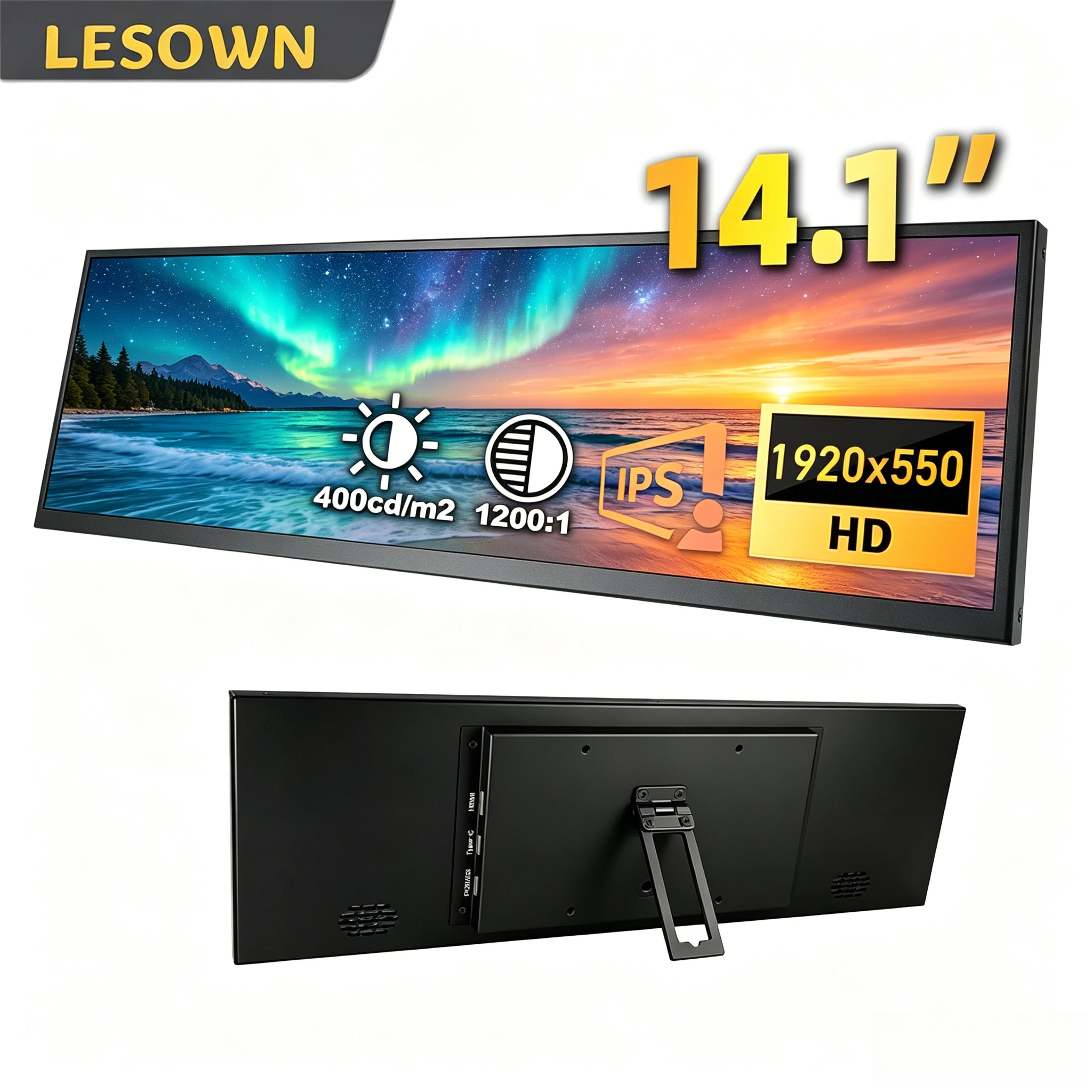

LESOWN 4K 3840x1100 IPS PC Tower Sub-display 14.1 Inch Stretched Bar Screen Secondary Temperature Gauge Panel for Gaming Desktop
