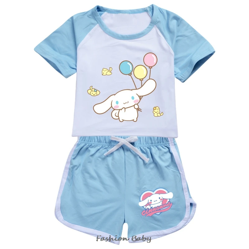 Hot Summer Cotton T Shirt Set Miniso Cinnamoroll Printed Soft Fabric Short Sleeve Set Gym Suit Summer Sport Clothes Girls Gift