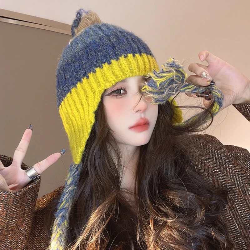 Color Matching Double Braided Ear Protection Knitted Women\'s Hats Autumn and Winter Korean Versatile Cute Warm Bomber Caps