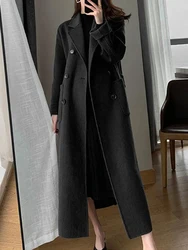 Zoki Fashion Long Wool Coat Women Elegant Faux Wool Casual Belt Long Jacket Winter Office Lady Double Breasted Simple Outwear