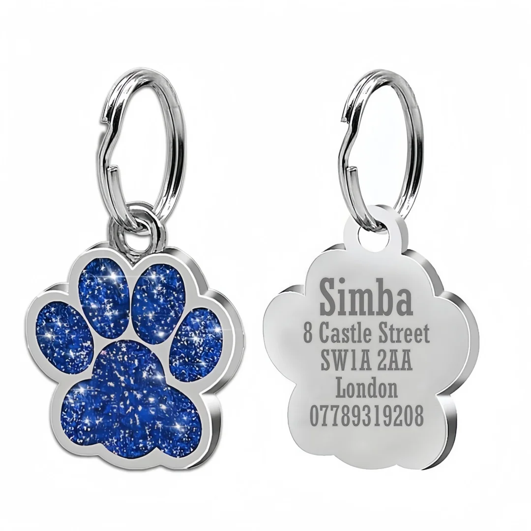 Free Personalized Dog Cat Plate Tags Engraved Puppy Pet ID Name Collar Tag Alloy Paw Glitter Pendant Pets Dogs Accessories