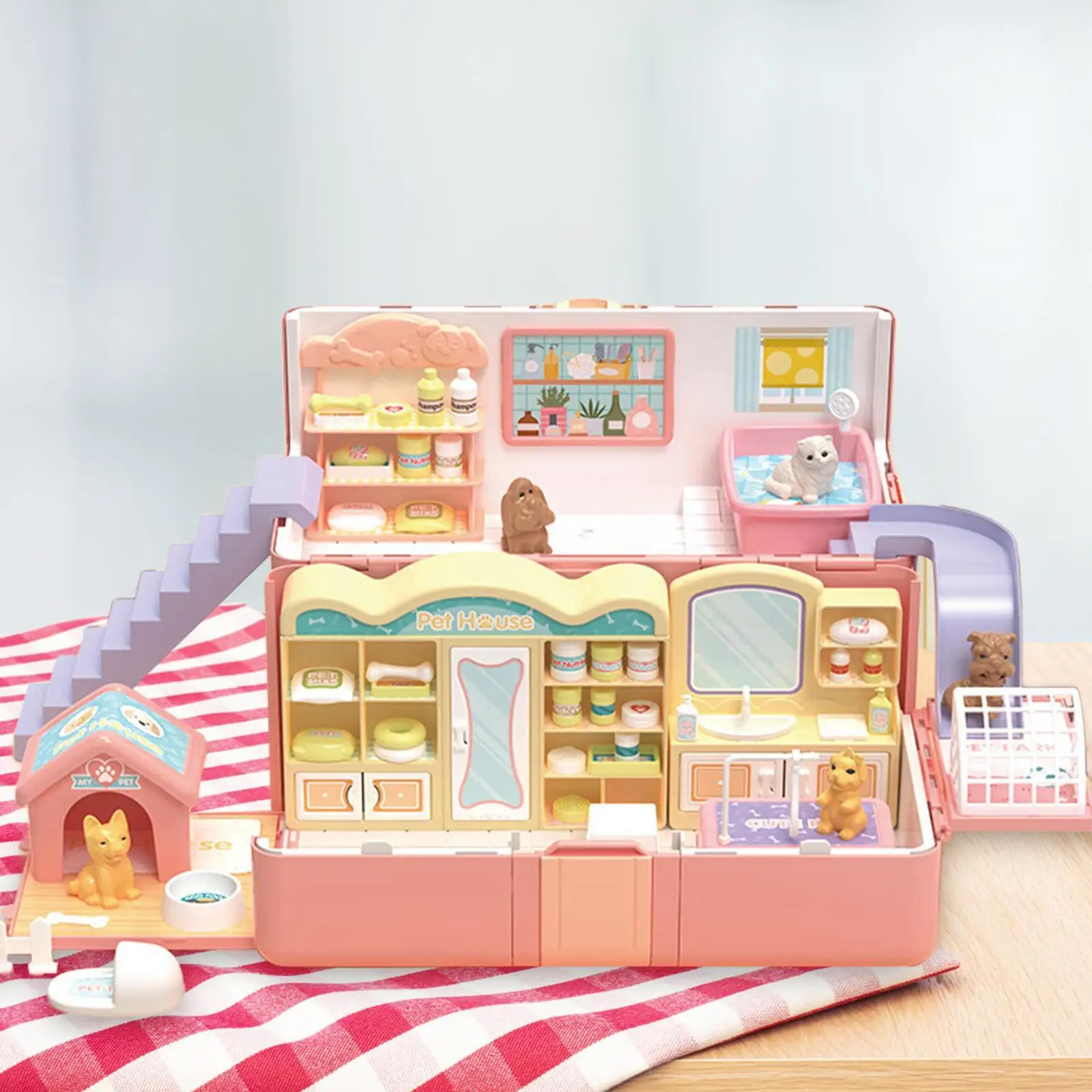 Dollhouse Toy Playset Travel Dollhouse Fold and Go Play House with A Doll with Accessories Pretend Play for Kids 3-6 Girls