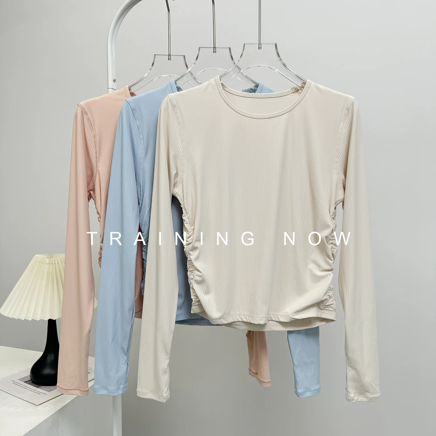 

Yoga clothing top for women with waist pleated long-sleeved autumn breathable slim round neck fitness clothing Pilates training