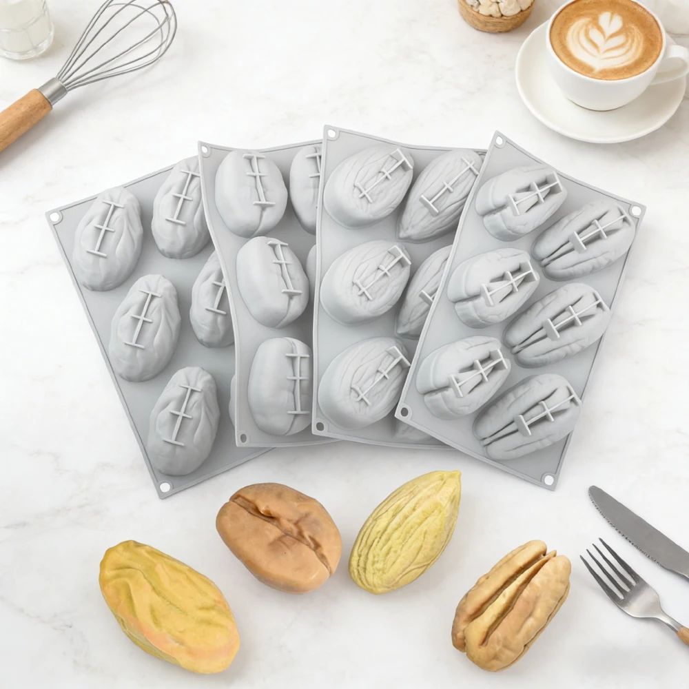 Molde de Silicona para Chocolate con Diseño de Nuez Pecana, Almendra, Grano de Café o Pistacho, 6 Cavidades, Molde para Pastel de Mousse, Herramientas para Hornear Postres