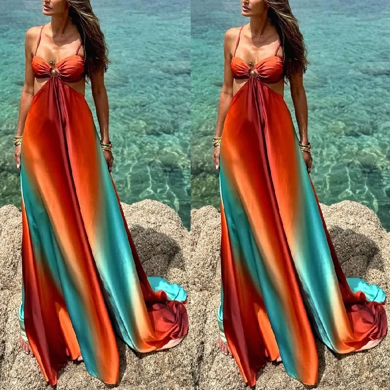Swimwear Woman 2026 Dress Pareo Wrap Dresses Hollow Out Gradient Maxi Dress Sleeveless Cut Out Waist Beach Dress A Line Swimsuit