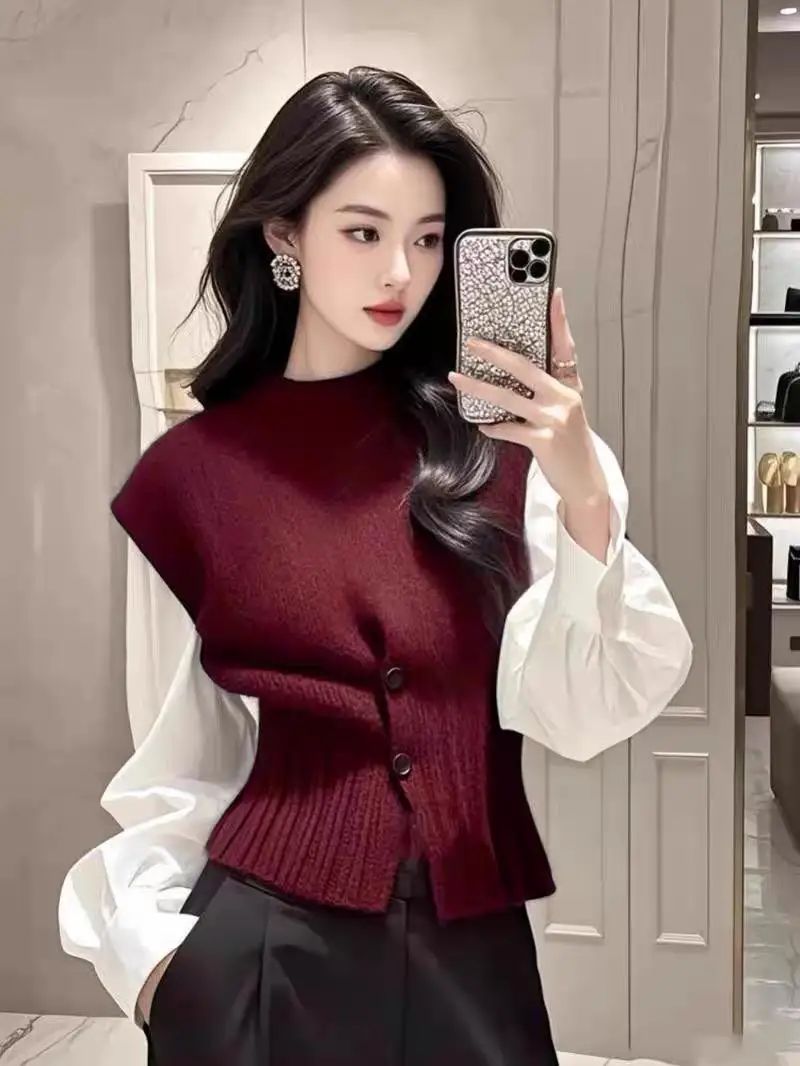 Ele tricoté gilet irt ensemble femmes Faion superposition deux pièces laine mélange rond Ne trajet Sle couleur Pure printemps 2025