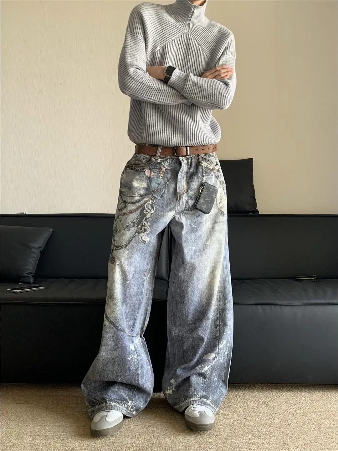 

Retro American Streetwear 3D Print Denim Jeans Men's Women's High Street Splaed Ink Loose Straight Leg Long Trousers