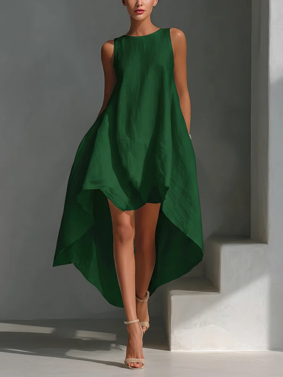 Summer Elegant Solid Dresses Womens Casual O Neck Sleeveless Irregular Loose Big Hem Maxi Dress Pocket Holiday Party Dress - Image 5