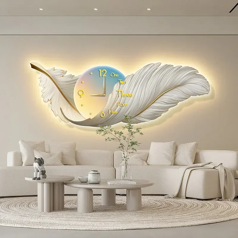 Creative LED clock wall lamp living room bedroom bed head sofa corridor decoration hanging picture painted feather wall lamp