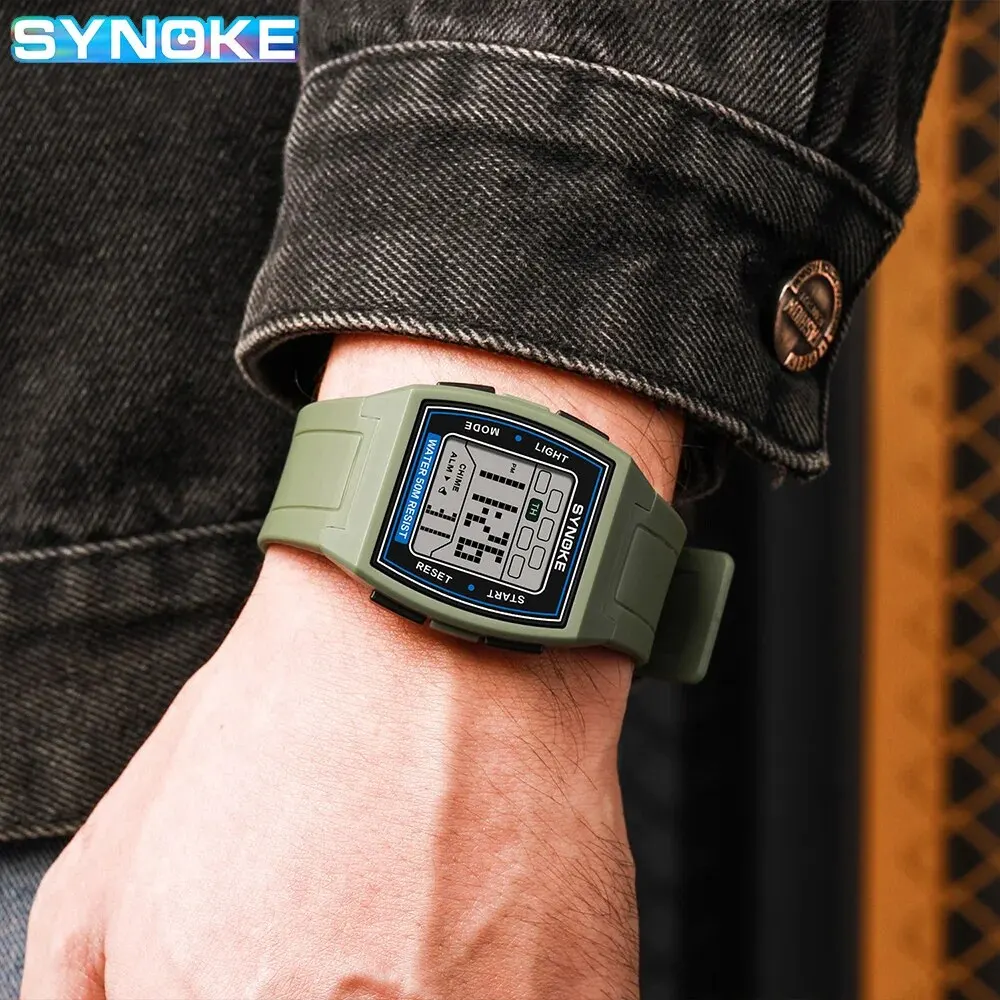 SYNOKE Digital Watches Men Sports Luminous Chronograph Waterproof Male Electronic Wrist Watches Relogio Masculino Retro Square