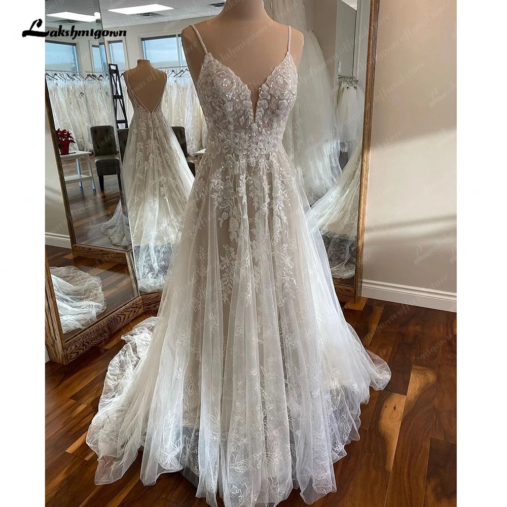 

Lakshmigown Роскошные свадебные платья трапециевидной формы на бретельках для невесты с аппликациями из бисера и скользящим шлейфом Свадебные платья Robe de mariee