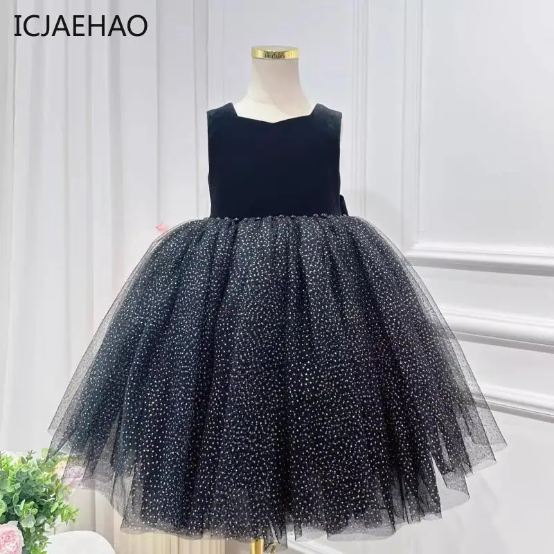 

ICJAEHAO 2024 Butterfly Knot Backless Princess Evening Costume Children Dance Performance Black Sleeveless Fluffy Girls Dress